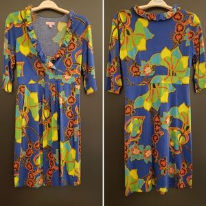 Lilly Pulitzer 3/4 Sleeve Blue V Neck Dress with Pockets - Large